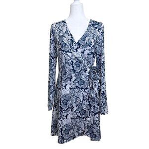 Jean-Pierre Klifa Floral Wrap Dress Blue  White Long Sleeve Stretchy Womens XL
